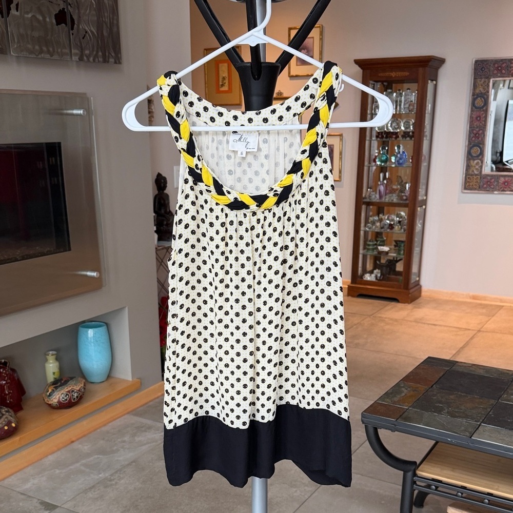 Milly New York silk Cream Sleeveless Polka Dot Top with Black Yellow Accents 6